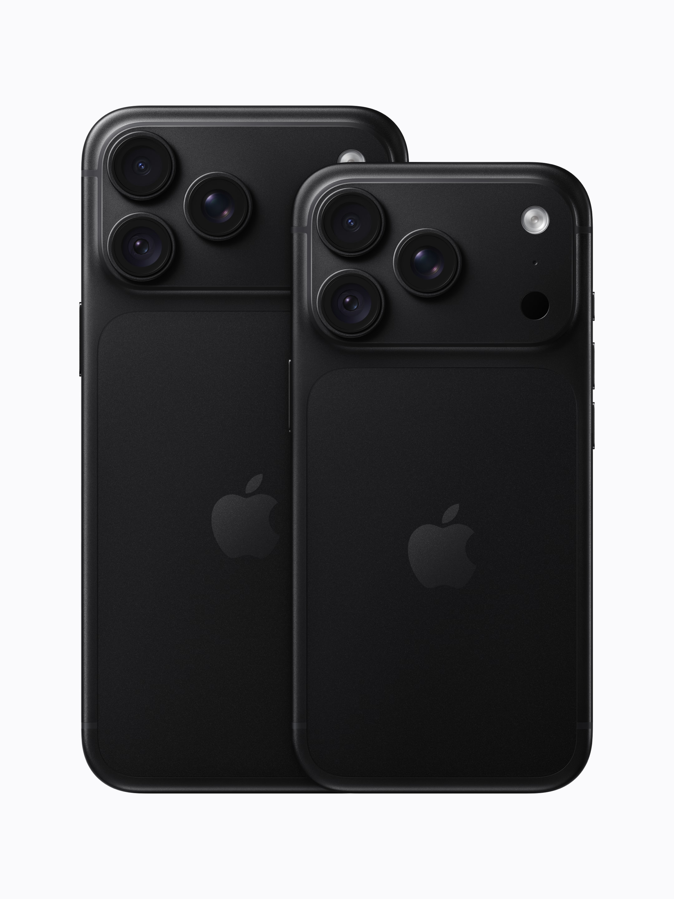 iPhone 18 Pro (foreground) and iPhone 18 Pro Max (background), rear views in Black