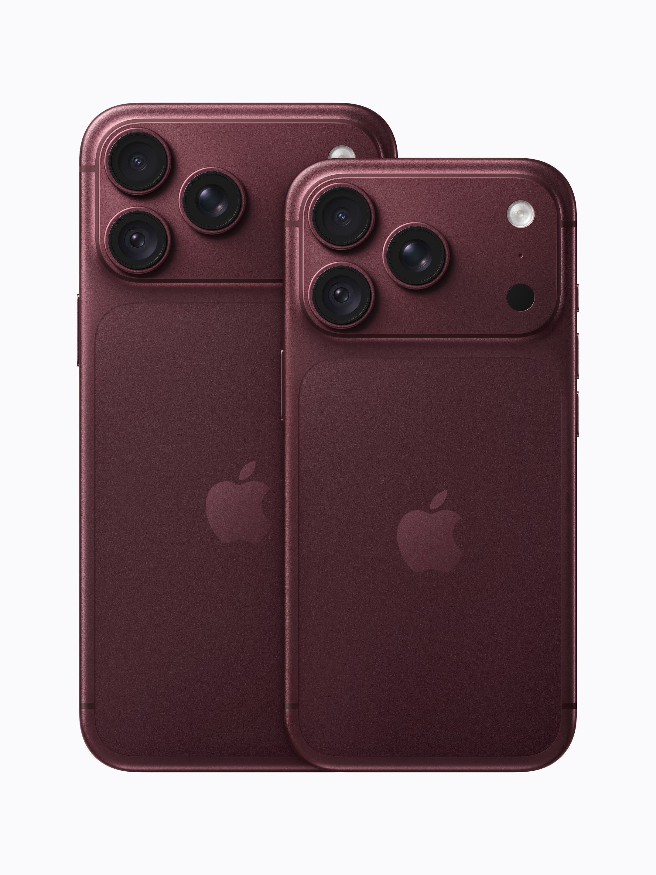 iPhone 18 Pro (foreground) and iPhone 18 Pro Max (background), rear views in Burgundy