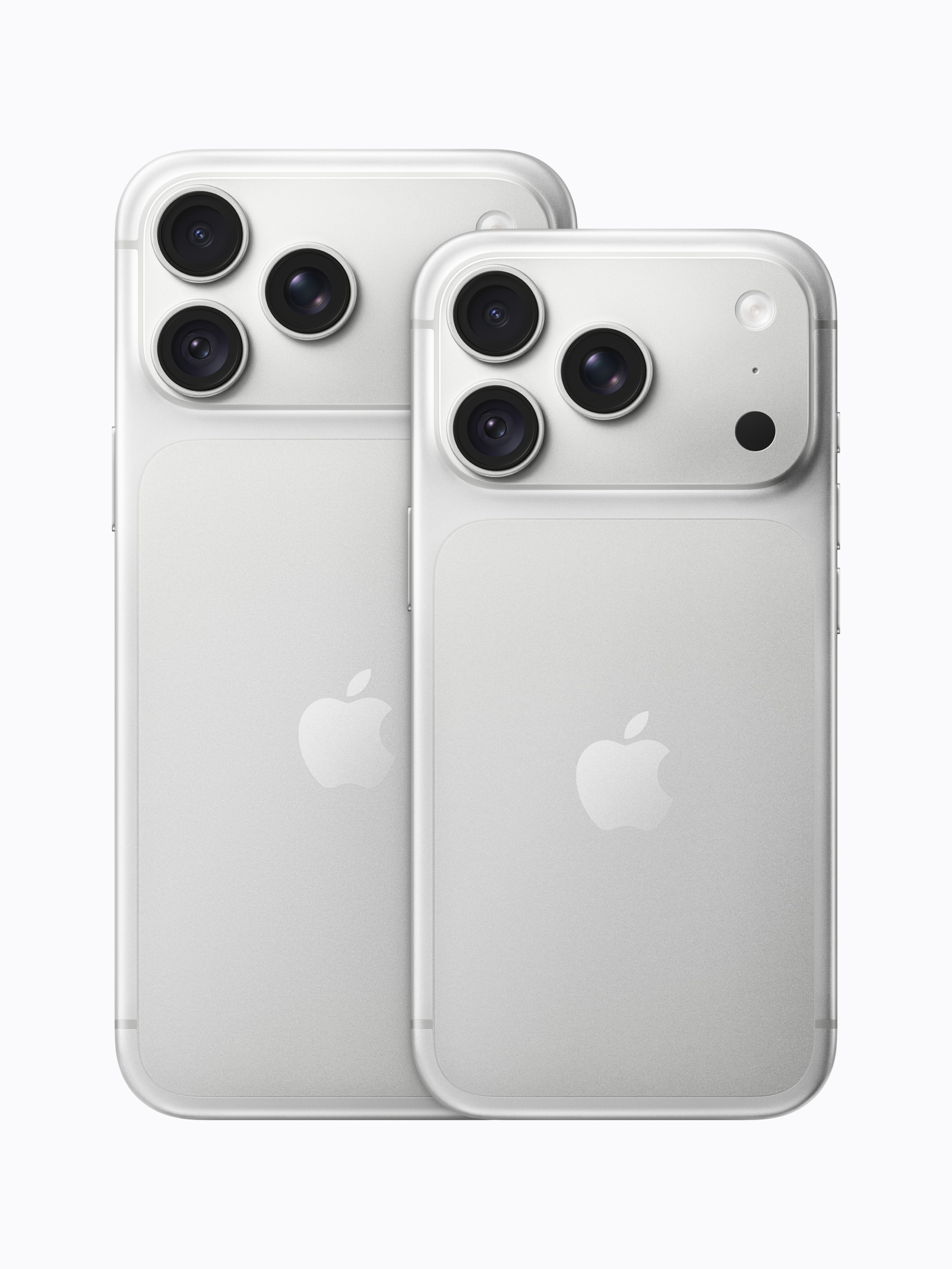 iPhone 18 Pro (foreground) and iPhone 18 Pro Max (background), rear views in Silver